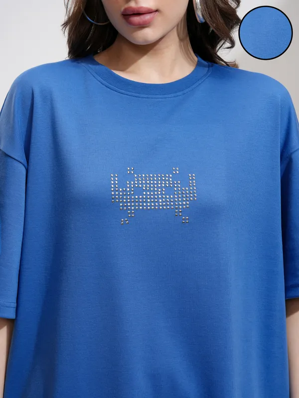 Tokyo Talkies Women Blue Embellished Round Neck Oversized Fit T-Shirt