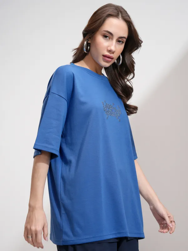 Tokyo Talkies Women Blue Embellished Round Neck Oversized Fit T-Shirt