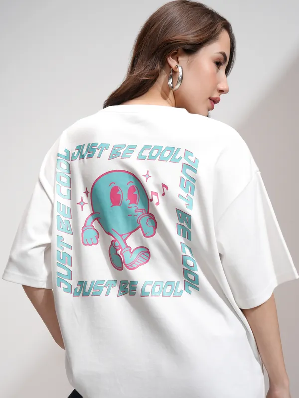 Tokyo Talkies Women White Printed Round Neck Oversized Fit T-Shirt