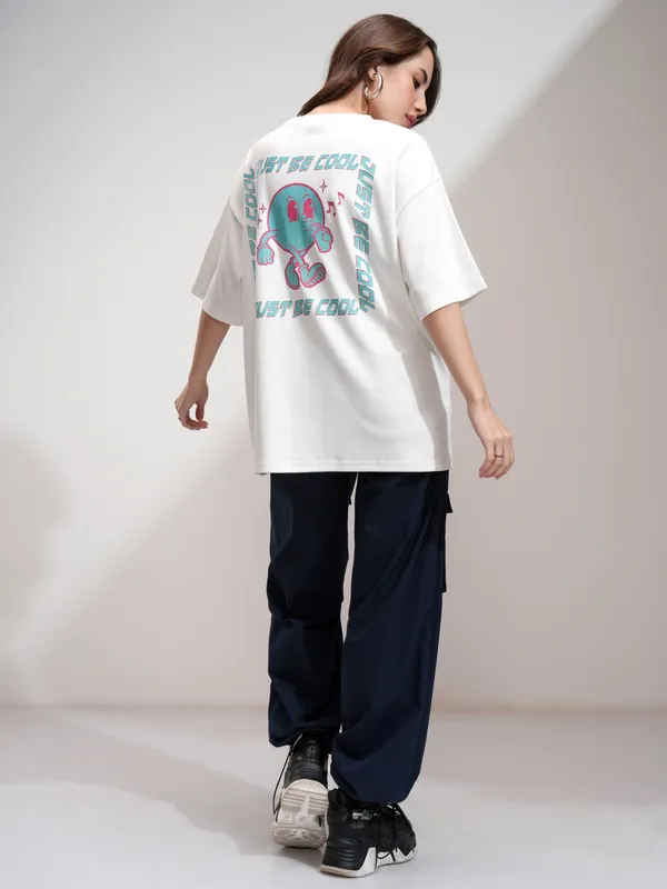 Tokyo Talkies Women White Printed Round Neck Oversized Fit T-Shirt