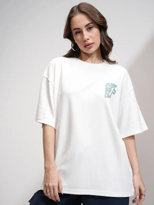 Tokyo Talkies Women White Printed Round Neck Oversized Fit T-Shirt