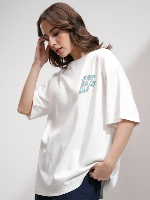Tokyo Talkies Women White Printed Round Neck Oversized Fit T-Shirt