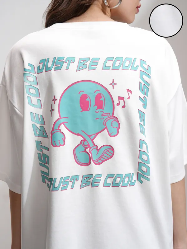 Tokyo Talkies Women White Printed Round Neck Oversized Fit T-Shirt