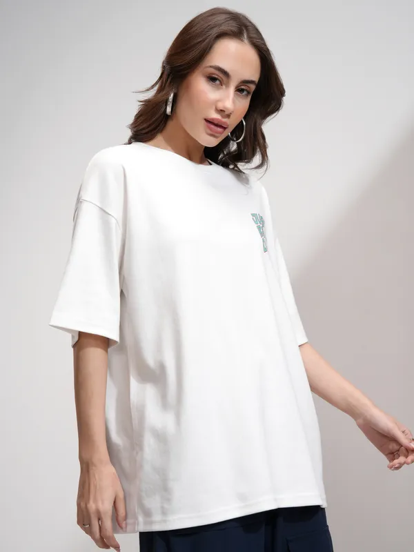 Tokyo Talkies Women White Printed Round Neck Oversized Fit T-Shirt