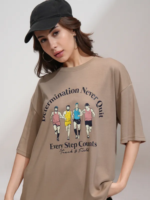 Tokyo Talkies Women Beige Printed Round Neck Oversized Fit T-Shirt
