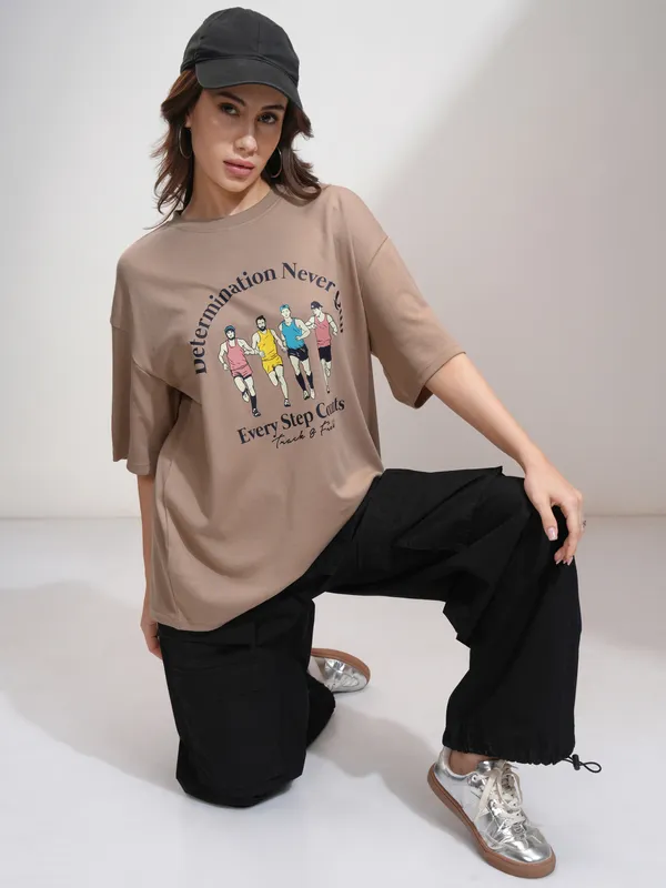 Tokyo Talkies Women Beige Printed Round Neck Oversized Fit T-Shirt