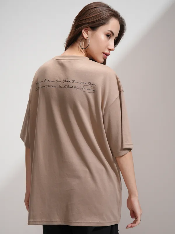 Tokyo Talkies Women Beige Printed Round Neck Oversized Fit T-Shirt