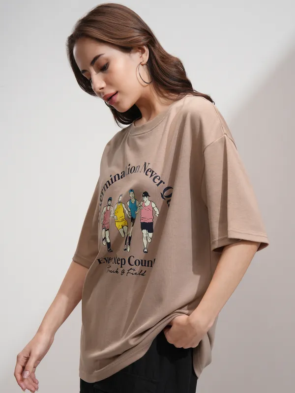 Tokyo Talkies Women Beige Printed Round Neck Oversized Fit T-Shirt
