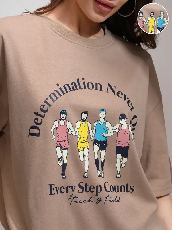 Tokyo Talkies Women Beige Printed Round Neck Oversized Fit T-Shirt