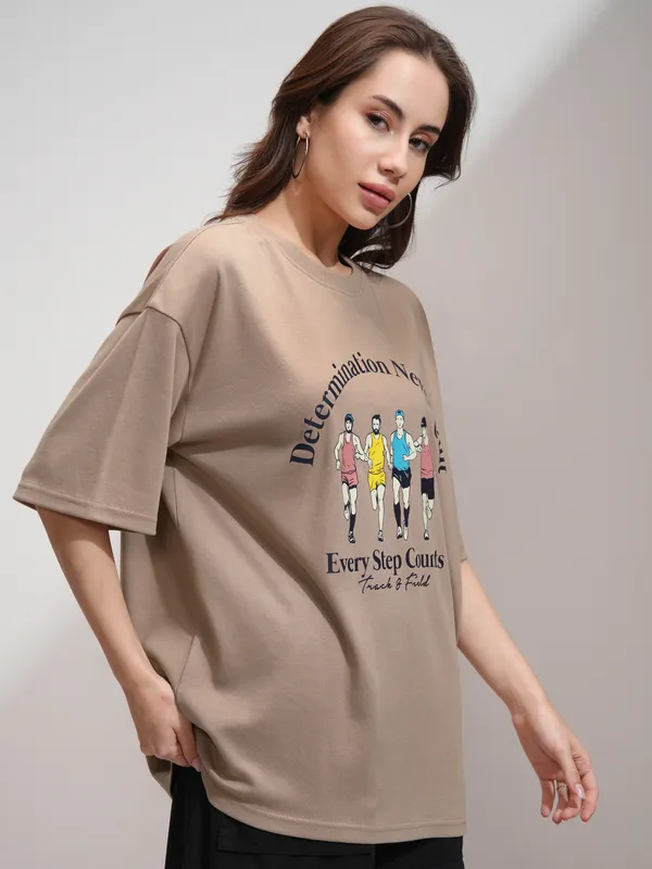 Tokyo Talkies Women Beige Printed Round Neck Oversized Fit T-Shirt
