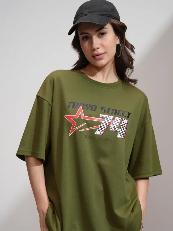 Tokyo Talkies Women Olive Printed Round Neck Oversized Fit T-Shirt