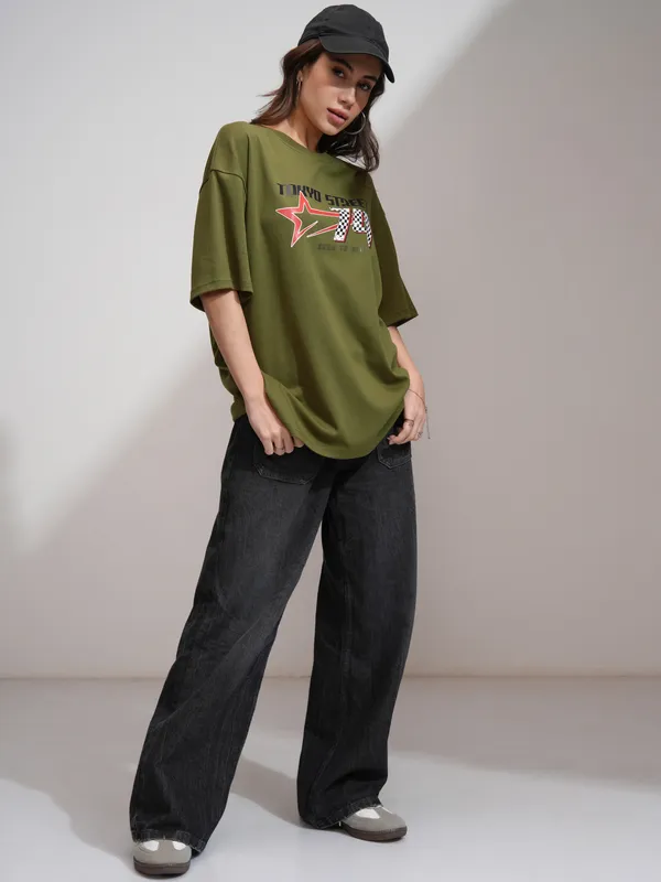 Tokyo Talkies Women Olive Printed Round Neck Oversized Fit T-Shirt