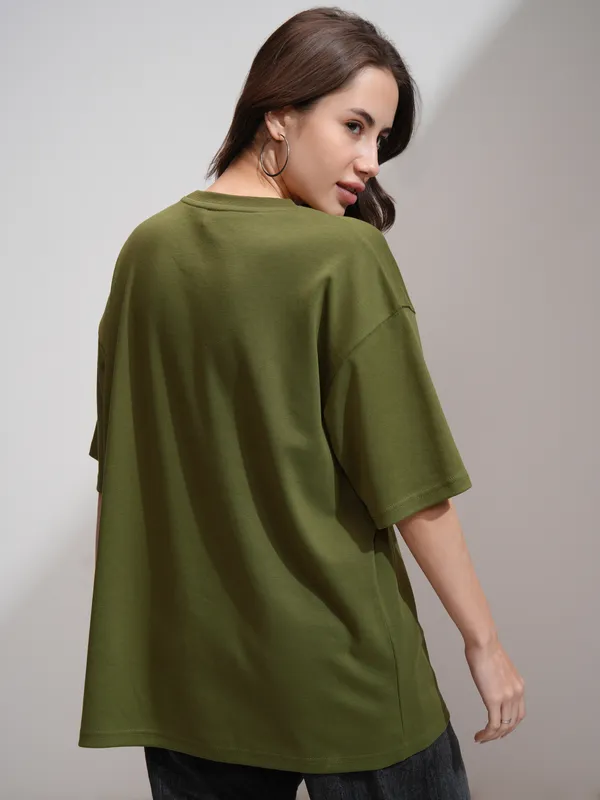 Tokyo Talkies Women Olive Printed Round Neck Oversized Fit T-Shirt