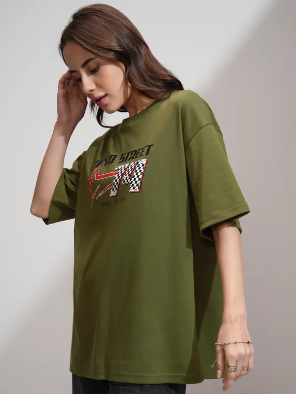 Tokyo Talkies Women Olive Printed Round Neck Oversized Fit T-Shirt