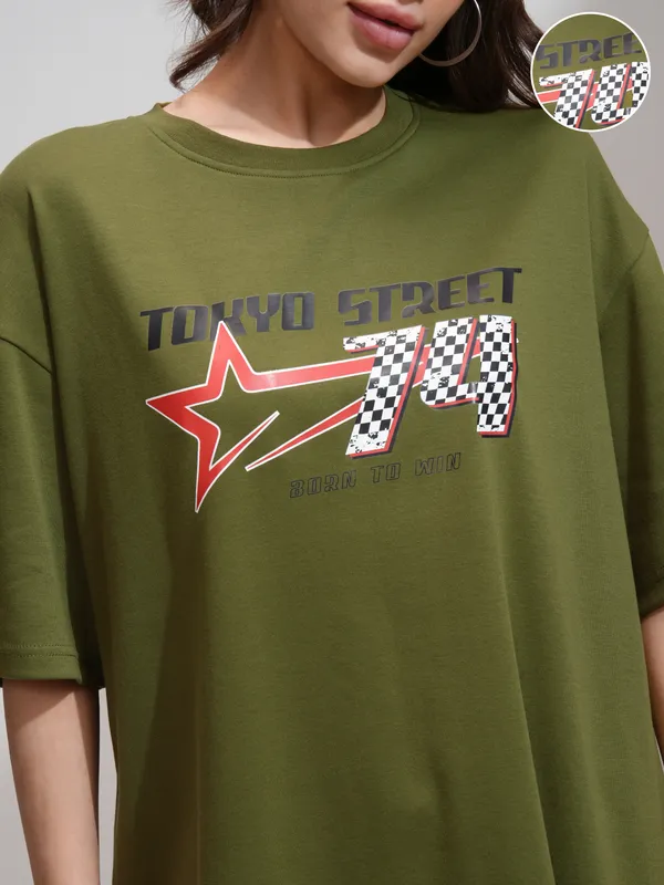Tokyo Talkies Women Olive Printed Round Neck Oversized Fit T-Shirt