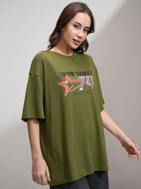Tokyo Talkies Women Olive Printed Round Neck Oversized Fit T-Shirt