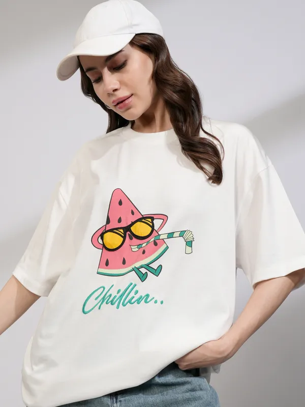 Tokyo Talkies Women White Printed Round Neck Oversized Fit T-Shirt