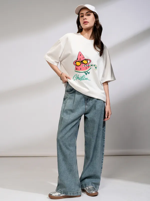 Tokyo Talkies Women White Printed Round Neck Oversized Fit T-Shirt