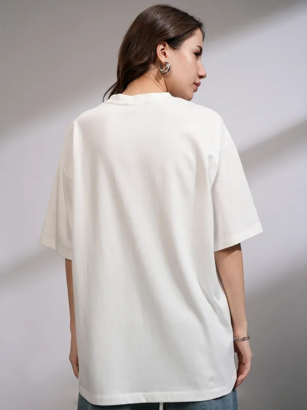 Tokyo Talkies Women White Printed Round Neck Oversized Fit T-Shirt