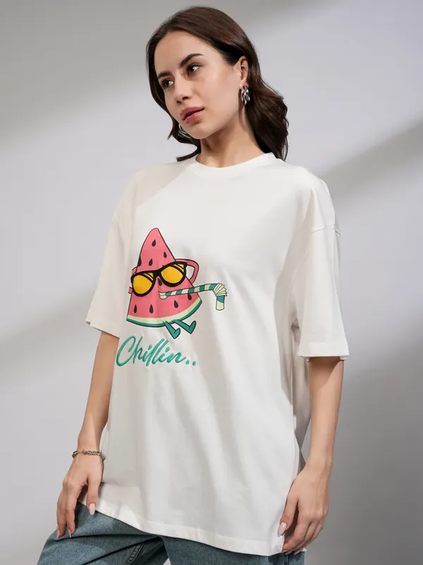 Tokyo Talkies Women White Printed Round Neck Oversized Fit T-Shirt