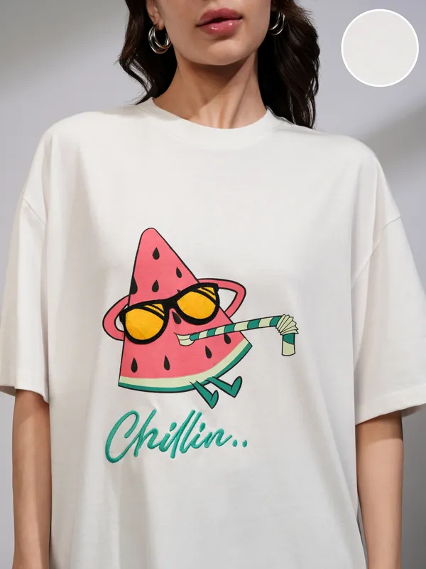 Tokyo Talkies Women White Printed Round Neck Oversized Fit T-Shirt