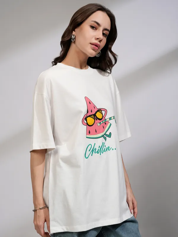 Tokyo Talkies Women White Printed Round Neck Oversized Fit T-Shirt