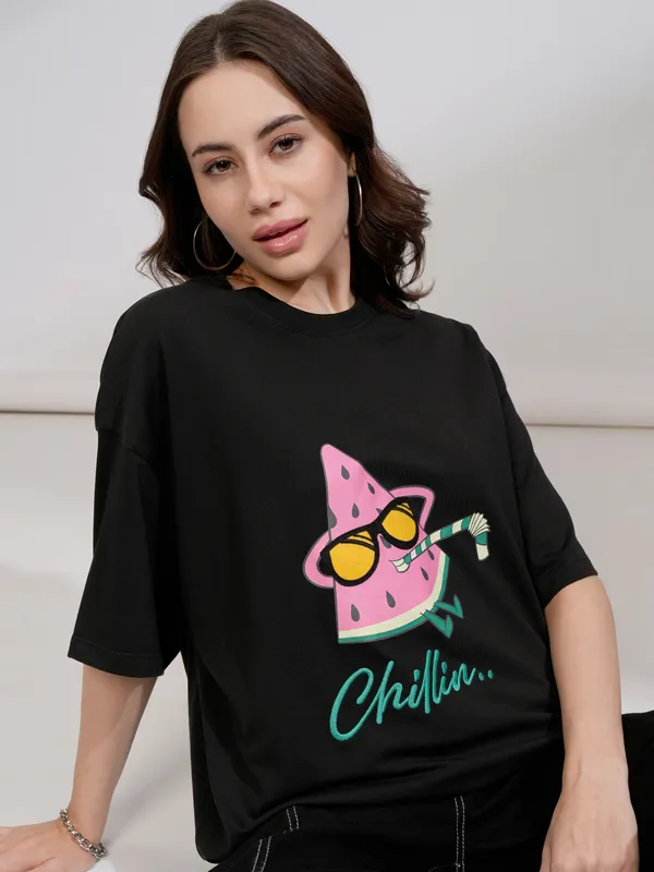 Tokyo Talkies Women Black Printed Round Neck Oversized Fit T-Shirt