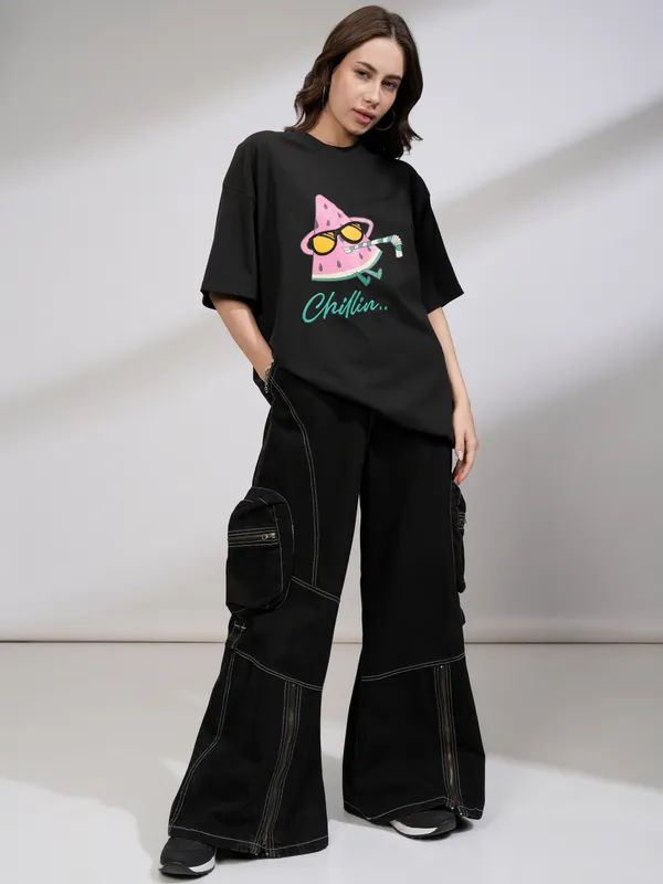 Tokyo Talkies Women Black Printed Round Neck Oversized Fit T-Shirt