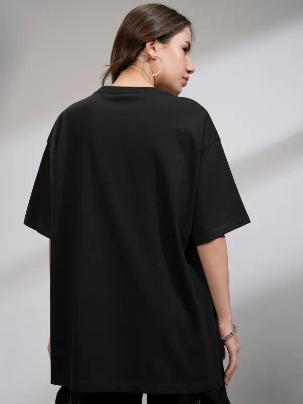 Tokyo Talkies Women Black Printed Round Neck Oversized Fit T-Shirt