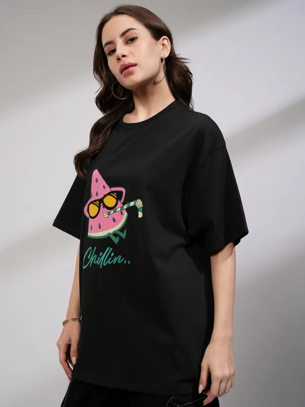 Tokyo Talkies Women Black Printed Round Neck Oversized Fit T-Shirt
