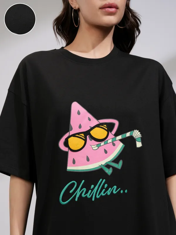 Tokyo Talkies Women Black Printed Round Neck Oversized Fit T-Shirt