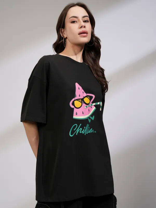 Tokyo Talkies Women Black Printed Round Neck Oversized Fit T-Shirt