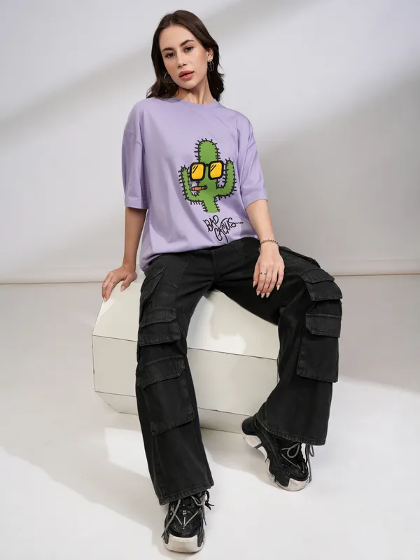 Tokyo Talkies Women Purple Printed Round Neck Oversized Fit T-Shirt