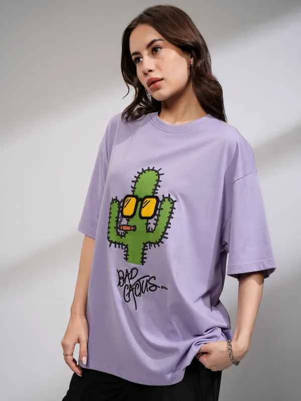 Tokyo Talkies Women Purple Printed Round Neck Oversized Fit T-Shirt