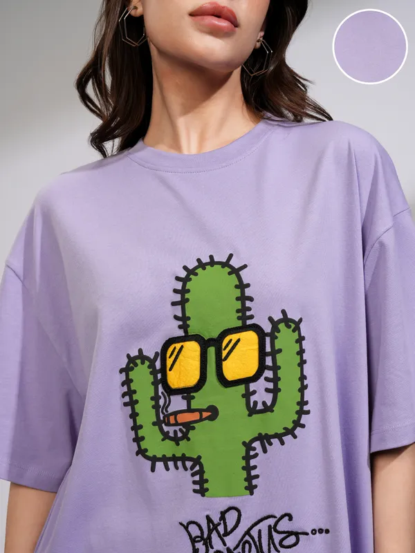Tokyo Talkies Women Purple Printed Round Neck Oversized Fit T-Shirt