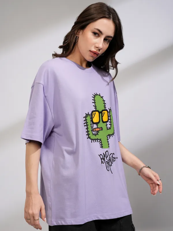 Tokyo Talkies Women Purple Printed Round Neck Oversized Fit T-Shirt