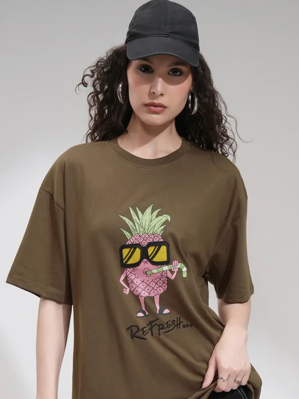 Tokyo Talkies Women Brown Printed Round Neck Oversized Fit T-Shirt