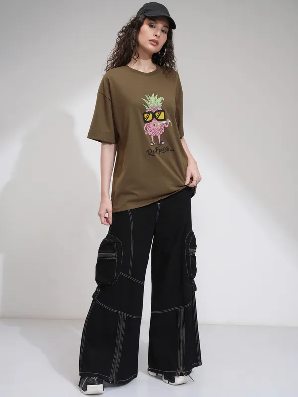 Tokyo Talkies Women Brown Printed Round Neck Oversized Fit T-Shirt