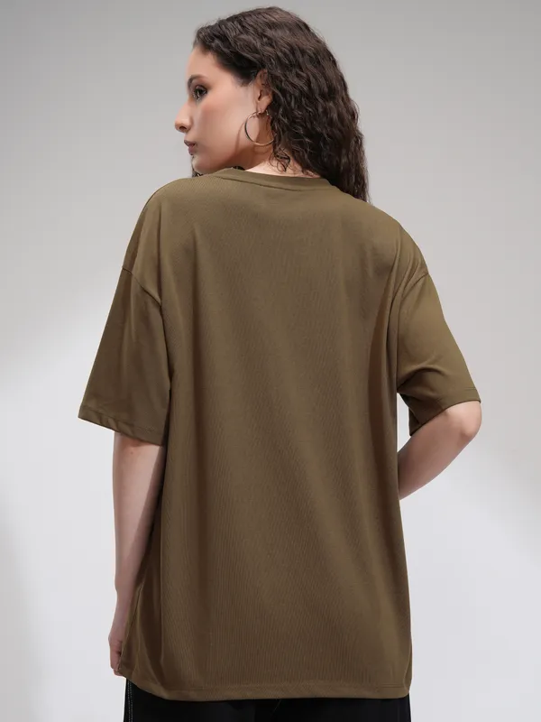 Tokyo Talkies Women Brown Printed Round Neck Oversized Fit T-Shirt