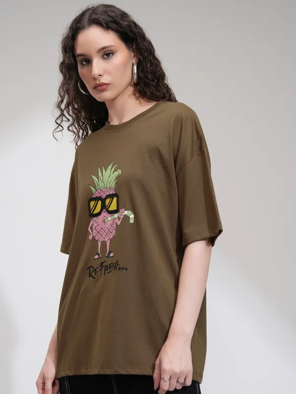 Tokyo Talkies Women Brown Printed Round Neck Oversized Fit T-Shirt