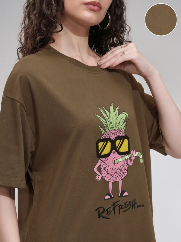 Tokyo Talkies Women Brown Printed Round Neck Oversized Fit T-Shirt