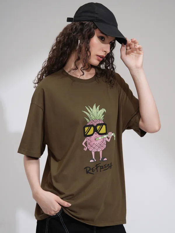 Tokyo Talkies Women Brown Printed Round Neck Oversized Fit T-Shirt