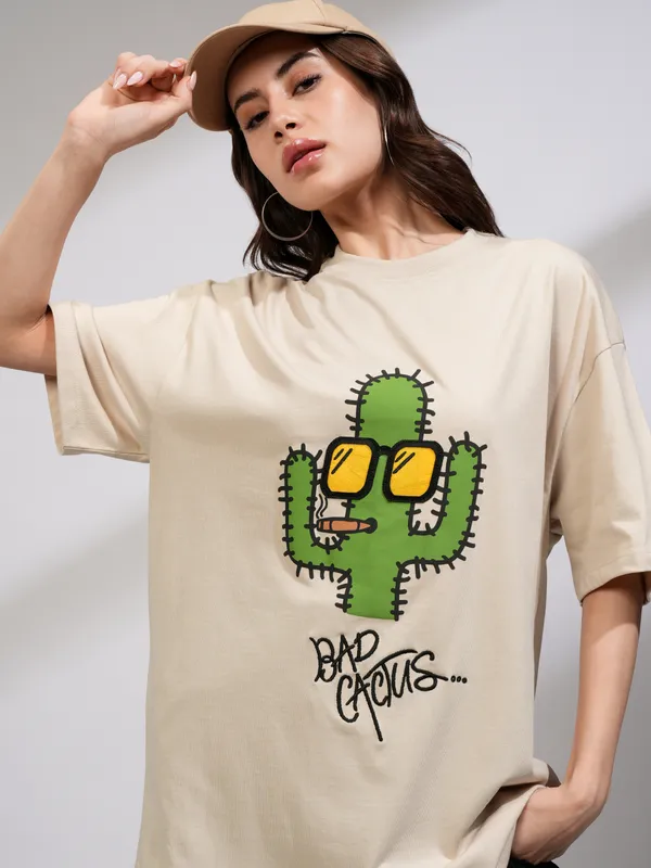 Tokyo Talkies Women Beige Printed Round Neck Oversized Fit T-Shirt