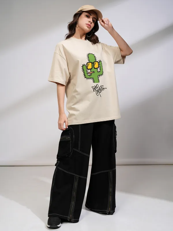 Tokyo Talkies Women Beige Printed Round Neck Oversized Fit T-Shirt