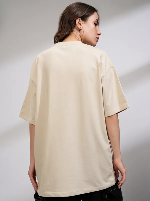 Tokyo Talkies Women Beige Printed Round Neck Oversized Fit T-Shirt