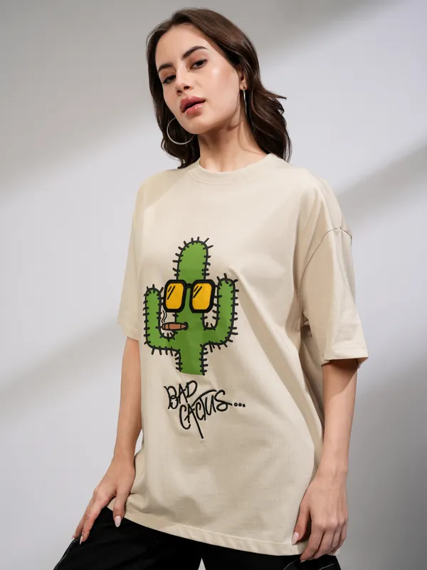 Tokyo Talkies Women Beige Printed Round Neck Oversized Fit T-Shirt
