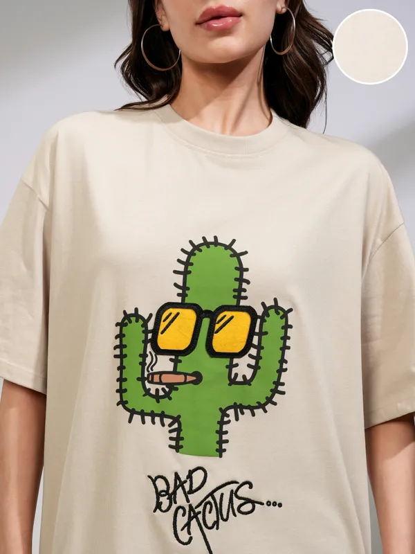Tokyo Talkies Women Beige Printed Round Neck Oversized Fit T-Shirt