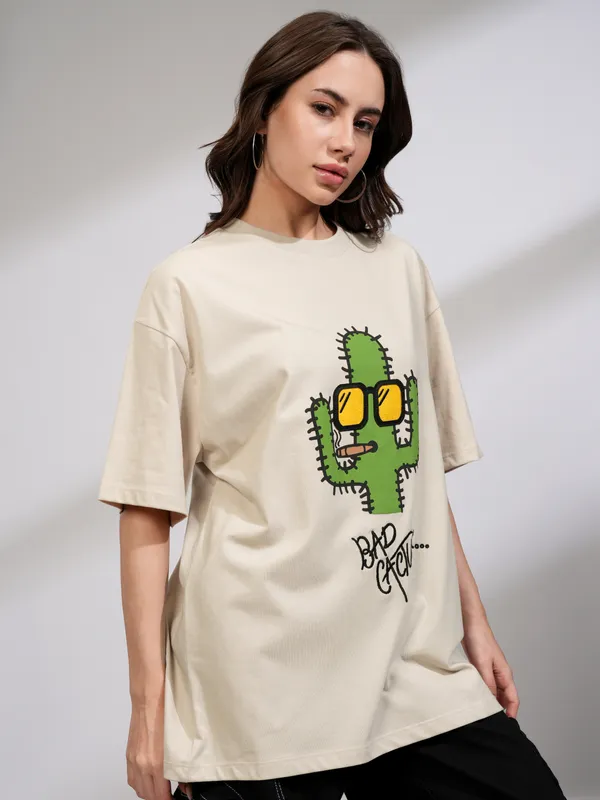 Tokyo Talkies Women Beige Printed Round Neck Oversized Fit T-Shirt