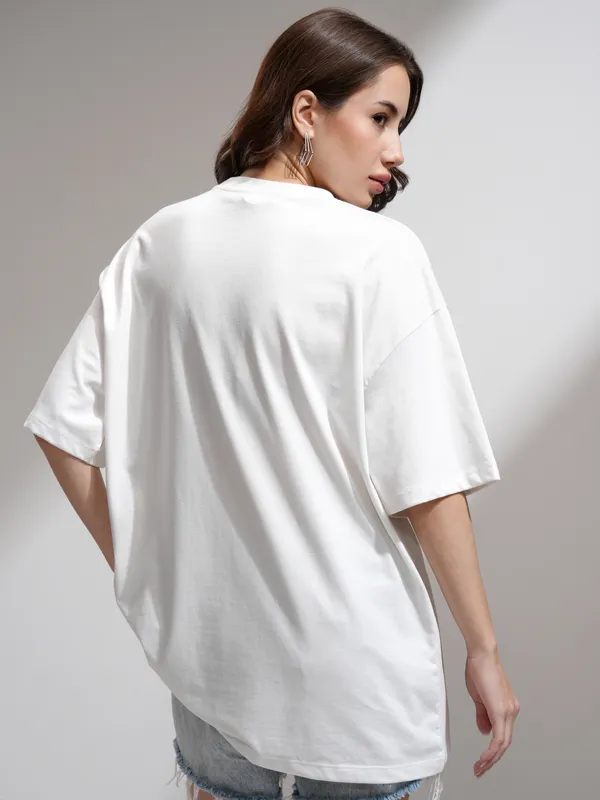 Tokyo Talkies Women White Printed Oversized Fit T-Shirt