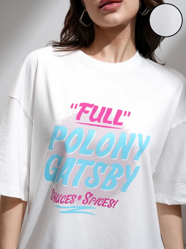 Tokyo Talkies Women White Printed Oversized Fit T-Shirt